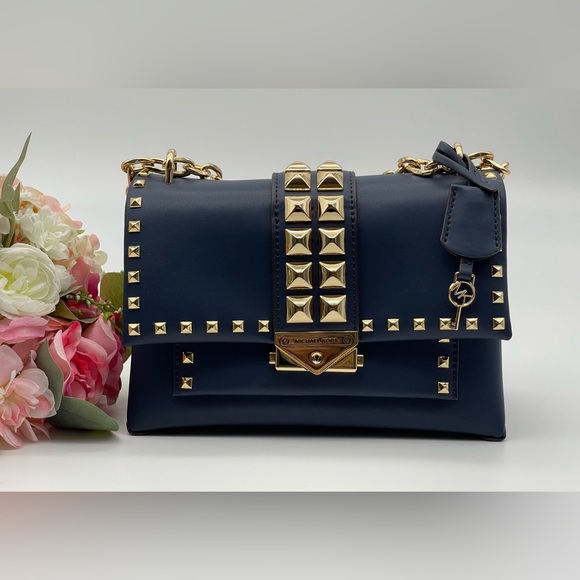 Michael Kors Navy Faux Leather Studs Satchel Shoulder Bag - Picture 3 of 16